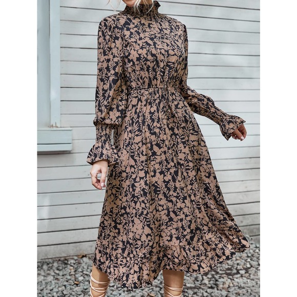 ❗️ Floral Print Shirred long Sleeve Ruffle Hem midi Dress tan black boho - Picture 3 of 7